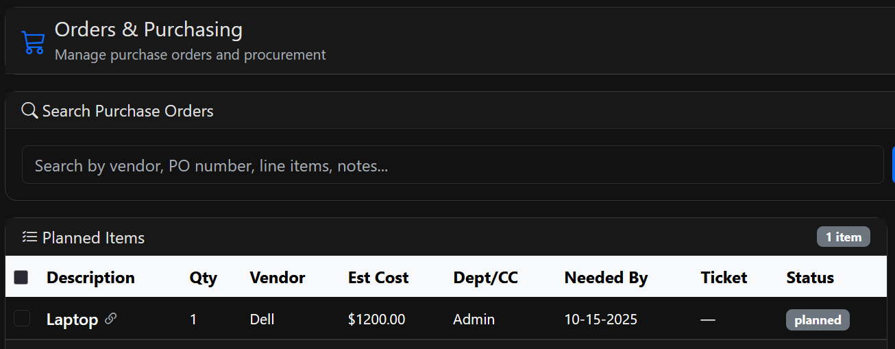 Orders and purchasing — item list and open orders